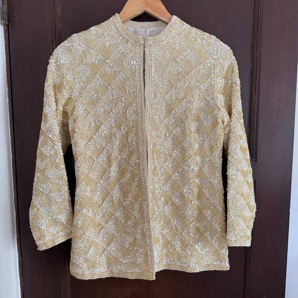 1950s Vintage  Creamy Butter Yellow Sequin Patterned Evening Jacket Blazer XS - Picture 1 of 9